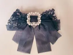 パールとクリスタルのリボンヘアクリップ黒白