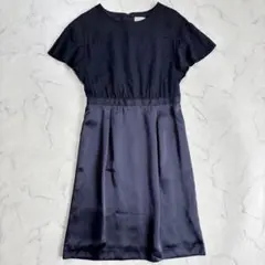【タグ付き】クミキョク　ワンピース　【S】ネイビー　異素材　フォーマル　結婚式