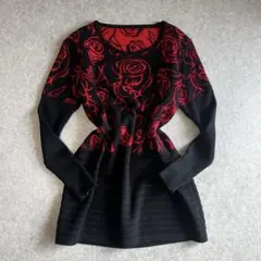 昭和レトロ 長袖ニット セーター チュニック バラ クルーネック 赤 黒 古着