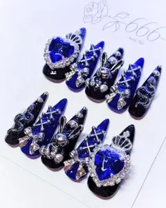 【No.042】ネイルチップ　地雷系量産型サブカルゴシックゴテゴテゴスロリ青