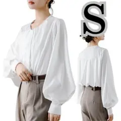 【新品】ブラウス春夏秋トップス長袖レディース女性パフスリーブシャツホワイト白S