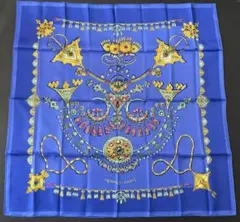 美品エルメス　カレ90 PARURES DES SABLES スカーフブルー