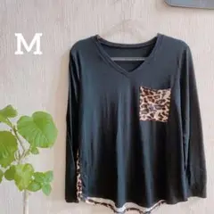 海外古着✨Mサイズ Vネック 長袖Tシャツ レオパード柄 黒 ブラック