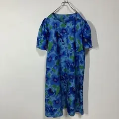 ヴィンテージ　花柄　くるみボタン　共布ベルト　五分袖　ひざ丈ワンピース　古着