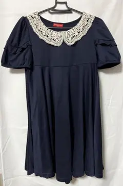 レース衿カットソーワンピース　ネイビー