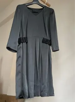 【foundfles】ネイビーグレー Vネック　サテン　ワンピース 長袖