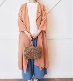 [a+koloni] リネンローブF麻オレンジロング羽織ガウンコート