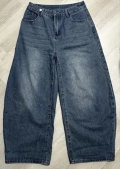ブルー デニム ワイドレッグパンツ