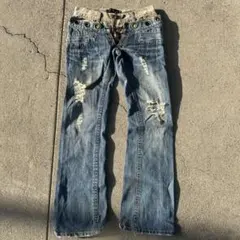 Y2K 平成 Ridas レースアップ レイヤード デニムフレアパンツ