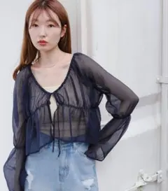 ネイビー シースルー シャツ フロントリボン