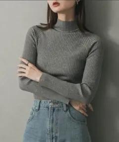 SENSE OF PLACE ストレッチリブハイネックセーター　グレー　Sサイズ