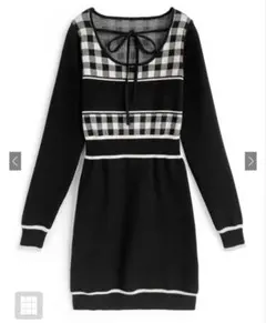 ギンガムチェック柄配色ラインニットミニワンピース 黒