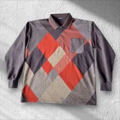 【韓国古着】レトロ 幾何学模様 アート柄 長袖ポロシャツ グレー L【B74】