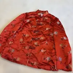 チャイナドレス風　スタンドカラーシャツ　レッド　総柄　刺繍　赤　M相当