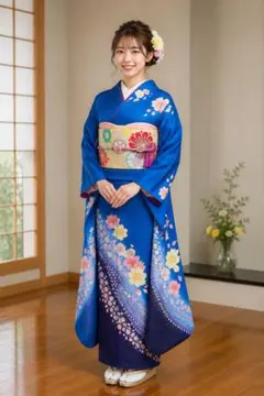 大きいサイズ 振袖 青地花柄 成人式 ☆ - メルカリ