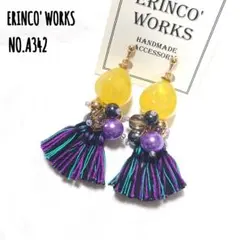 ☆A342 タッセルピアス パープル イエロー 大ぶり【イヤリングへ変更可能】