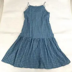 キャミロングワンピース ティアード 綿混 総柄 チェック 青 ブルー ゆったりM