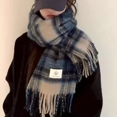 大判マフラー ショール【ブルー】チェック カシミア風　男女兼用　人気 モフモフ
