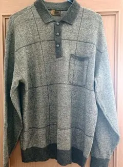 美品 ウールポロシャツ メンズ チェック柄 グレー サイズL