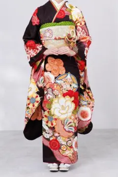 未使用近い　美品　袷　正絹　総絞り　振袖　フルセット　７点　身丈156 裄丈67 未仕立て 振袖 22点セット「紺 友禅 梅に楓と鈴」仮絵羽 振り袖 正絹