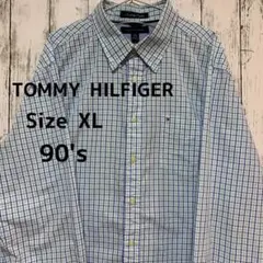 トミーヒルフィガー　ボタンダウン　刺繍　長袖シャツ　ブルー　チェック　XL