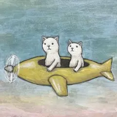 自作絵画　二人乗りヒコーキ　猫の絵