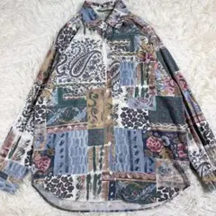 長袖シャツ 柄シャツ パッチワーク模様 ペイズリー柄 花柄 大きいサイズ