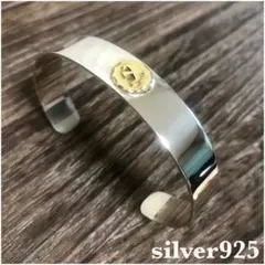 [高品質] シルバー925 金メタル付 平打ちバングル
