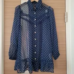 ネイビー 水玉模様 シースルーシャツ