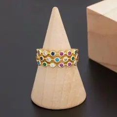 ゴールド レインボー カラフル チャーム ファッション リング #C570-1