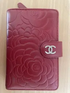 CHANEL 財布 二つ折り レッド ラム カメリア