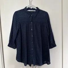 ネイビー系チェック ７部袖シャツ LLサイズ