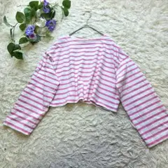 【ローリーズファーム】【M～L相当】長袖ボーダー柄シャツ 綿100% 丈短め