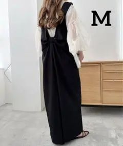 AlmaDesignブラック 背中リボン とろみ素材 ワイド サロペット M