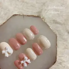 【新作】フレンチ ガーリー  ピンク 韓国 リボン パール 量産 ネイル ♡