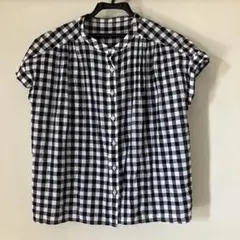 無印良品　洗いざらし強撚フレンチスリーブブラウス婦人ＸＳ～Ｓ・黒チェック