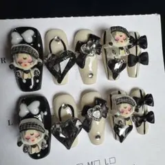 ネイルチップセット 黒白ストライプ キャラクター