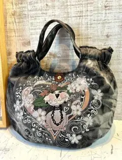 ロラライハリス♡ブラックWデニム♡刺繍の丸型ふんわり絞りバッグS♡