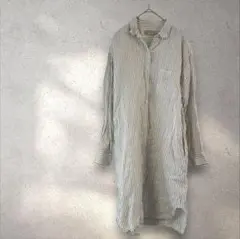 無印良品　良品計画　ストライプ ロングシャツワンピース 麻100％　ネイビー　白