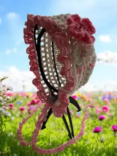 フリル付きボンネット　ヘッドドレス　バブーシュカ　ホワイト＆ピンク