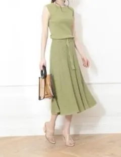 Mystrada クロシェノースリニットワンピース グリーン　ミモレ丈　M