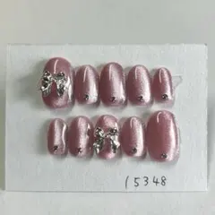 ネイルチップ ショートオーバル リボン マグネット ピンク　キラキラ シンプル
