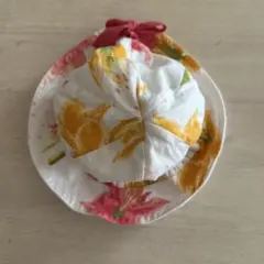 花柄 ベビー帽子 Sサイズ ピンクリボン付き