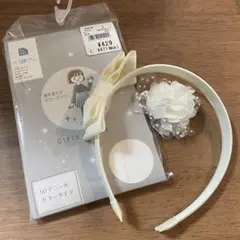 キッズ　フォーマルアクセサリーセット　リボン付きヘアバンド・花クリップ・白タイツ