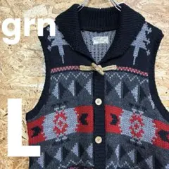 ★grn★ニットベスト★ノルディック柄★サイズL★黒×赤×グレー★