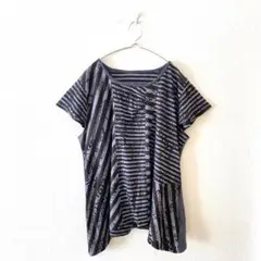 ☆【CHER CHEUR】Tシャツ 切替チュニック丈 異素材 ボーダー 毛混LL