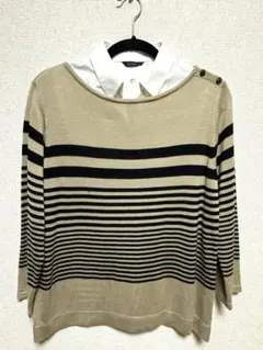 GIVORS ストライプニット 五分袖 ベージュ・黒