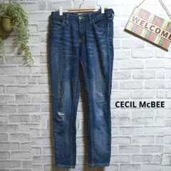 セシルマクビー テーパードデニム クラッシュ加工 ストレッチ 大人可愛い L