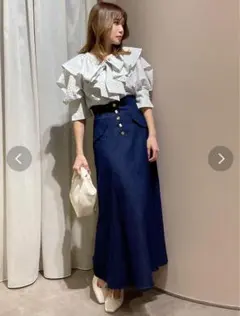 ダズリンジュエルボタンフレアスカート ビジュー デニムスカート ロングスカート