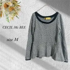 CECIL Mc BEE 長袖ニット 裾フリル 白黒千鳥格子 M 丸首2752